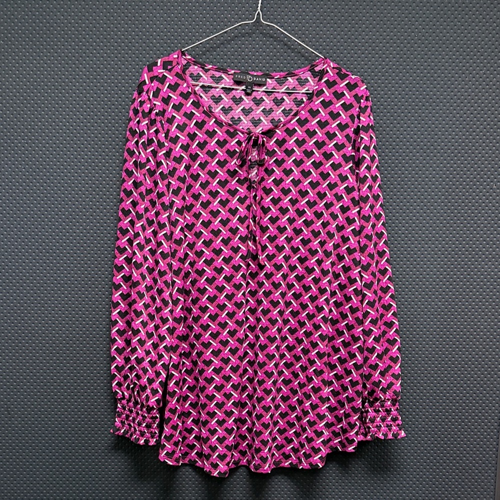 Fred David Fuchsia & Black Patterned Tie-Neck Blouse